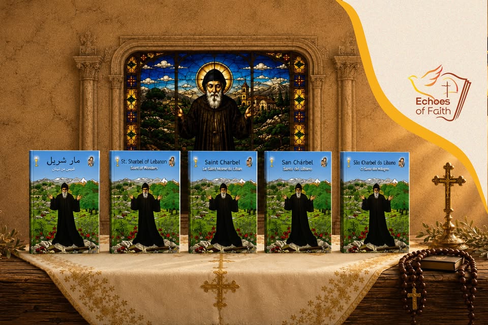 Five language editions of Echoes of Faith's Saint Sharbel biography displayed before a stained-glass window of the saint