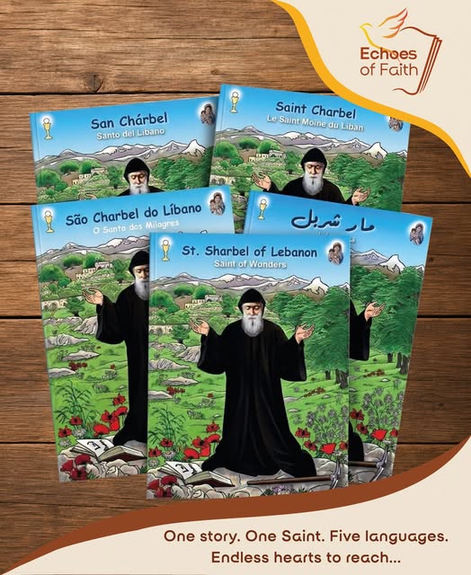 Echoes of Faith's illustrated Saint Sharbel biography, shown in five language editions