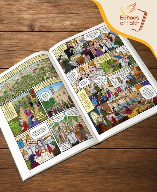 An open, illustrated page from one of Echoes of Faith's books, depicting the life of Saint Sharbel